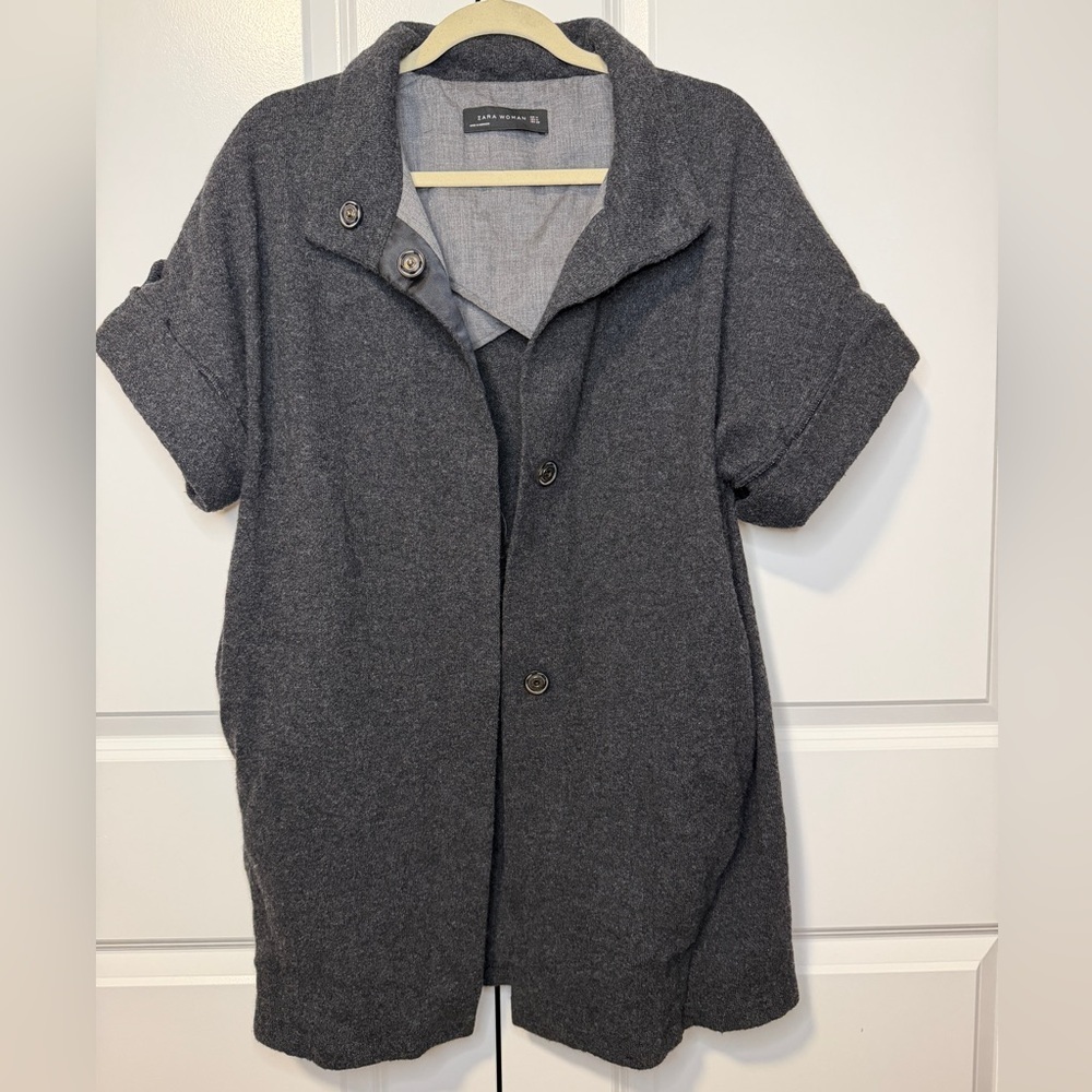 Zara Woman Gray Wool Blend Short Sleeve Cocoon Coat Jacket Funnel Neck M
